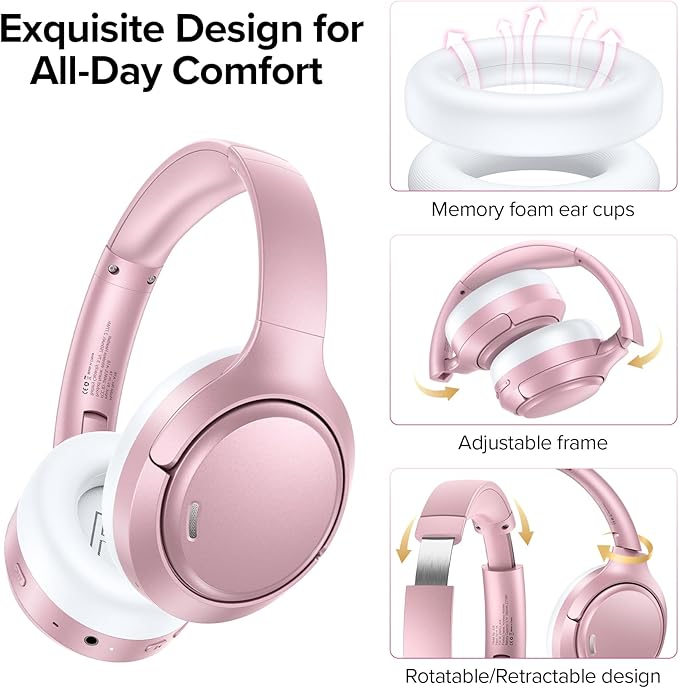 Hybrid Active Noise Cancelling Headphones 120H Long Playtime, 6 ENC Mic, Wireless Over-Ear Bluetooth 6.0 Headphones, Hi-Res Audio, Memory Foam Earcup, Transparency Mode ANC Headphone for Travel Office