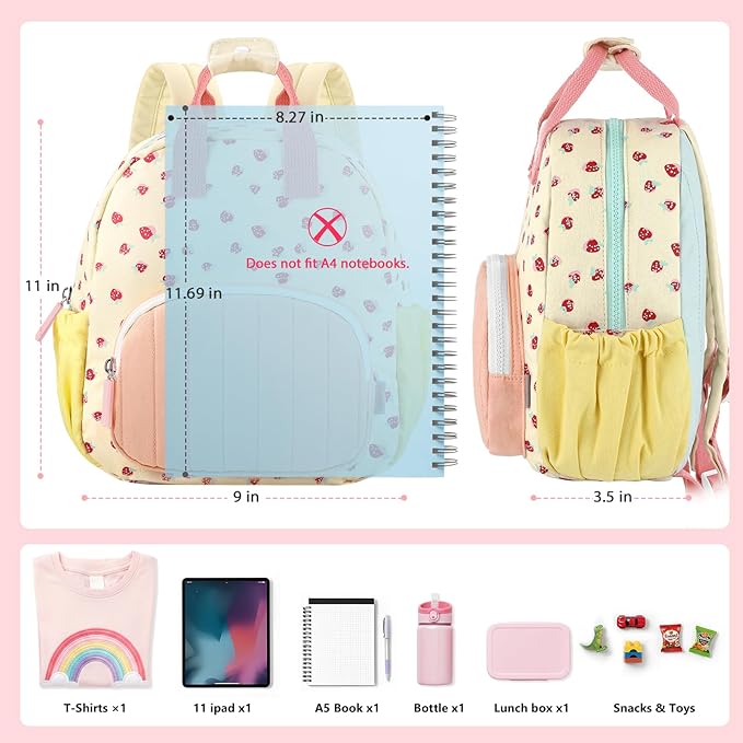GAGAKU Toddler Backpack for Girls 2-4 Strawberry Cute Preschool Kindergarten Backpack with Name Tag Soft Cotton Small Bookbag for Daycare Lightweight Adjustable Straps with Chest Buckle