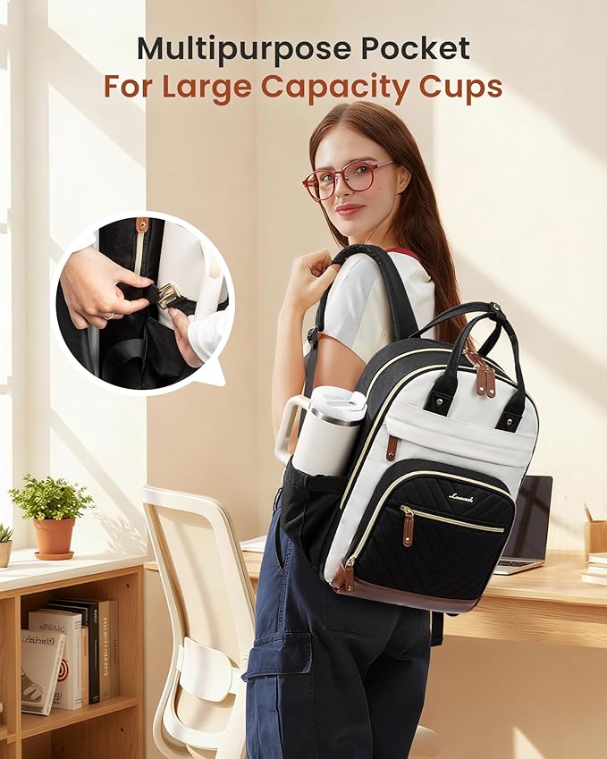 LOVEVOOK Laptop Backpack Women with Giant Tumbler Holder,18 inch Waterproof Work Travel Backpack Computer Laptop Bag,Cute College Nurse Teacher Backpack Purse,Gifts for Women & Men,Beige-Black-Brown