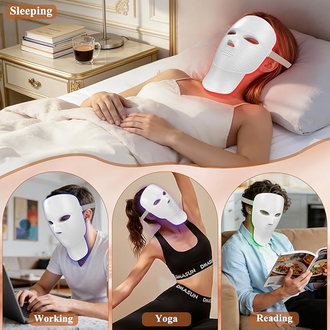LED Light Therapy Mask for Face and Neck, Cordless & Rechargeable, Infrared,Red & Blue Light for Wrinkles and Acne Care, Full Coverage Skincare Device