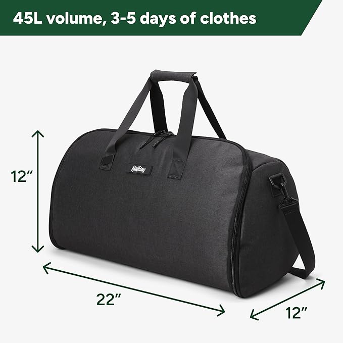 Halfday Convertible 2-in-1 Garment Duffel Weekender Bag 45L: Wrinkle-Free Travel (Hanging Suit Compartment, Shoe Pockets, Trolley Sleeve), Durable & Water-Resistant Carry-on, Shadow