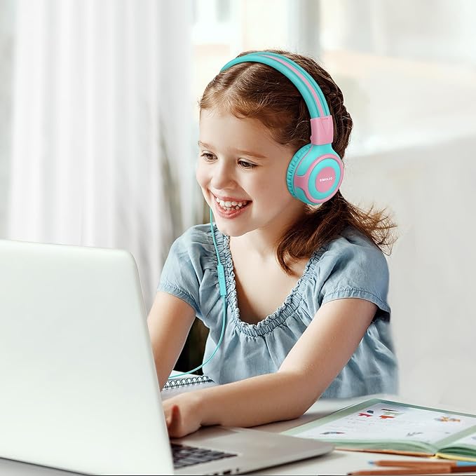 SIMOLIO Kids Headphone with Mic, 75dB,85dB,94dB Volume Limit Share Port, Child Headsets for Tablet/iPad/Kindle/Laptop, Sturdy Toddler Wired Headphones with Portable Bag for Girls, Boys (Mint & Pink)