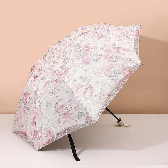 Floral Lace Folding Compact Umbrella - UV Protection Sun Flower Fancy for Women Girls, Portable Travel for Walking, Tea Party, Photo Shooting