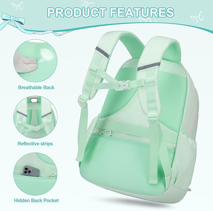 DIGOBAY Backpack for Girls, 3PCS Girls Backpack for School with Lunch Bag Pencil Case, Cute Kids Teens Bookbag for Kindergarten Elementary Preschool Middle School (Green)