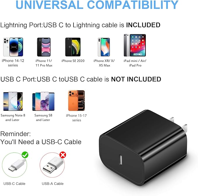 iPhone Fast Charger 3+3Pack 20W USB C Wall Charger with 6FT Fast Charging Cable Compatible with iPhone 14/13/12/11/Pro/Pro Max-Black
