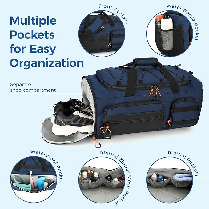 Searock 45L Gym Bag for Men, 3-In-1 Duffle Bag Backpack for Travel, Sports Duffel Bags for Gym Workout, Weekender Overnight Bag with Shoe Compartment, Wet Pocket, Navy Blue