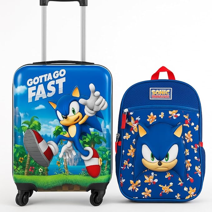 AI ACCESSORY INNOVATIONS Sonic the Hedgehog Kids Luggage and Backpack Set - 18" Luggage Suitcase With Wheels, 13.75" Backpack