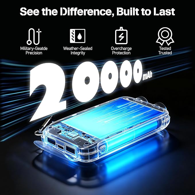 Portable Charger Solar Power Bank 20000mAh with USB-A and USB-C 5V/3A Output Port Blue Battery Pack Compatible with iPhone, Samsung, Waterproof Emergency LED Flashlights Perfect for Camping, Hiking