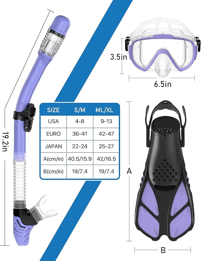 Ubekezele Snorkeling Gear for Adults Men Women,4 in 1 Snorkel Set with Panoramic View Diving Mask Anti-Fog Anti-Leak,Dry Top Snorkel,Fins and Travel Bag for Swimming,Snorkeling and Travel Diving