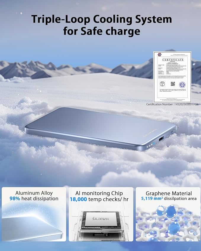 [0.3" Ultra Slim] [Alloy-Made] ULiXWH for Magsafe Portable Charger for iPhone, 2025 Upgrade 5000mAh Fast Charging Magnetic Power Bank, Wireless Battery Pack for iPhone 17 Air 16 15 Pro Max 14, Blue