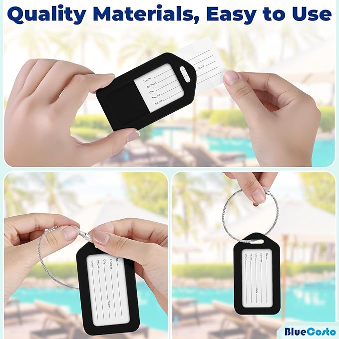 BlueCosto - Luggage Tags - Multicolored, 50 Pack - Suitcase Tags with Name ID Card & Heavy-Duty Metal Wire Loops - Bright Colored PVC Identifiers for Travel Baggage - Backpack Name Labels