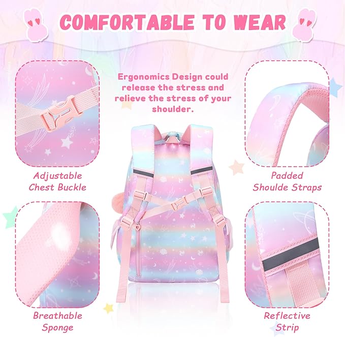 PIG PIG GIRL Kids Backpack for Girls - School Bags for Middle School Students - Book Bag for Elementary Primary - Kawaii Ita Backpack - Pink Planet