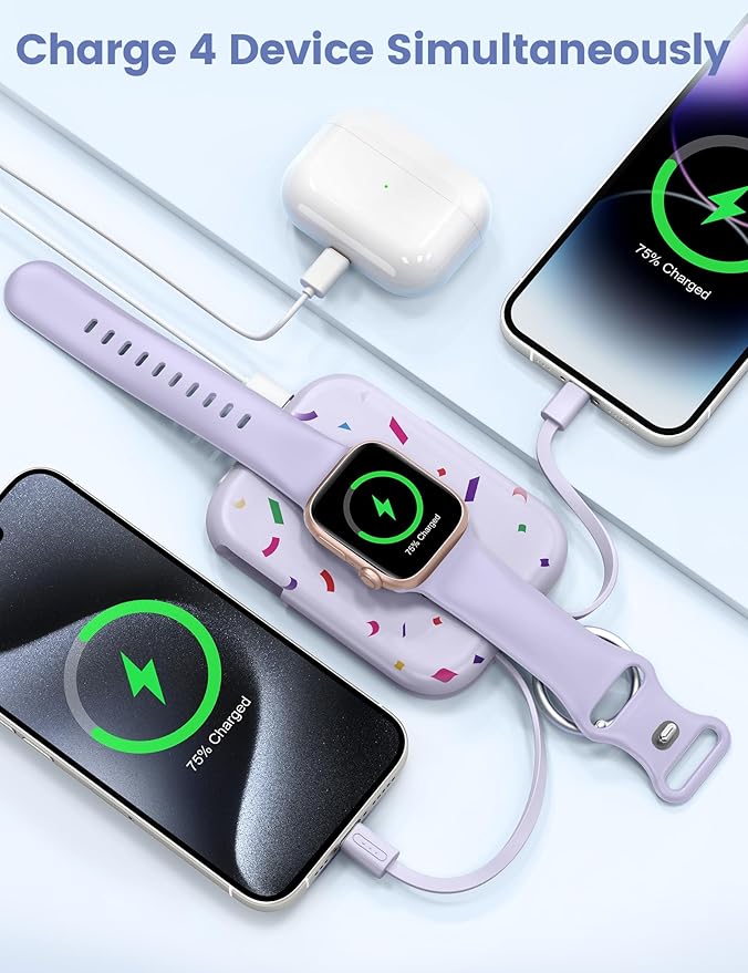 RORRY CharmGo Portable Charger, 5000mAh Portable Charger Power Bank with Built-in Cables, Travel Keychain Battery Pack for Apple Watch and iPhone Air/17/16/15/14/13/12, Confetti-Purple