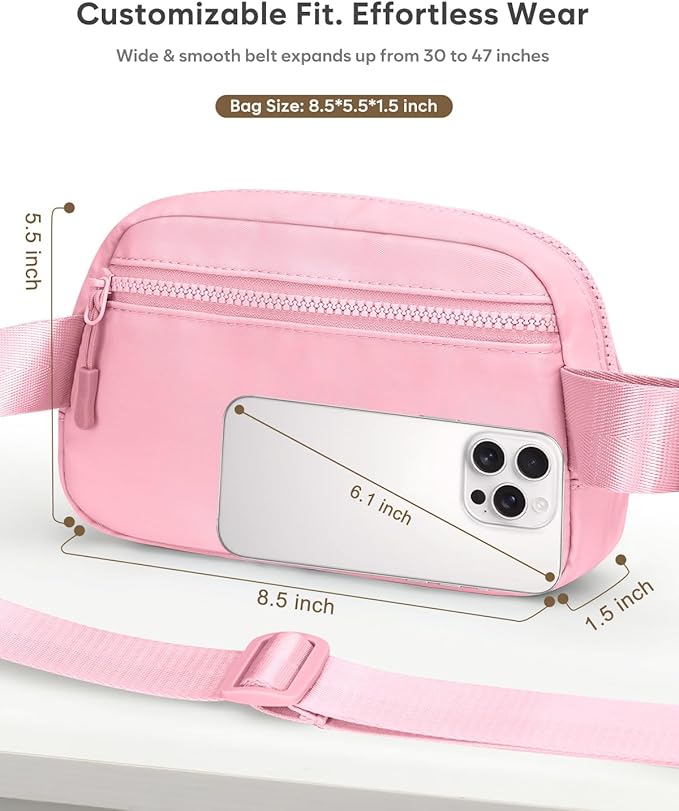 Pritent Fanny Packs for Women Cross Body Bag Waterproof Belt Bag with Adjustable Strap and Zipper Back Pocket Small Crossbody Bags Fashion Waist Packs for Workout Travelling(Light Pink)