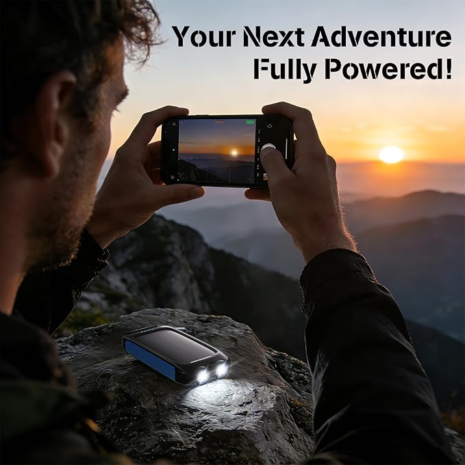 Portable Charger Solar Power Bank 20000mAh with USB-A and USB-C 5V/3A Output Port Blue Battery Pack Compatible with iPhone, Samsung, Waterproof Emergency LED Flashlights Perfect for Camping, Hiking