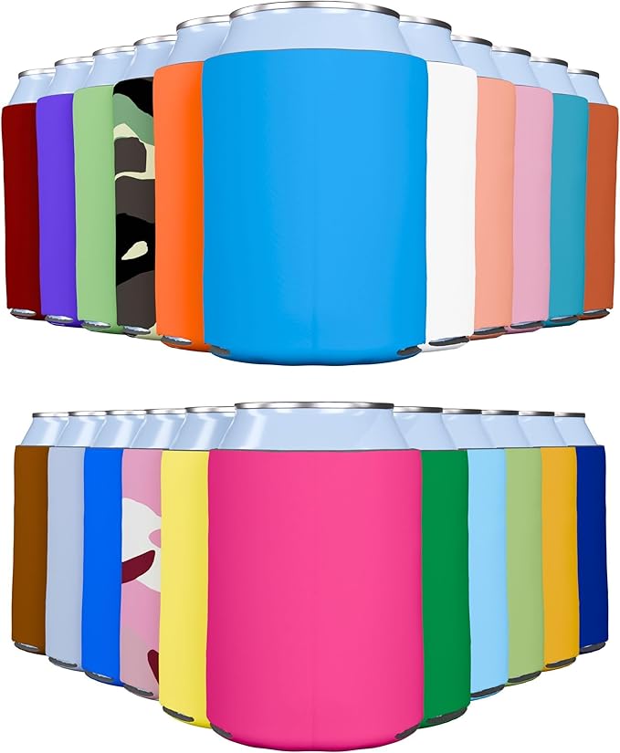 PartyPrints 100 Pack Multicolor Assorted Blank Can Cooler Sleeves, Customizable Bulk Insulated Foam, Collapsible Plain Drink Holder, Cold Beer Insulator | 12oz Regular, 16oz Tall Cans