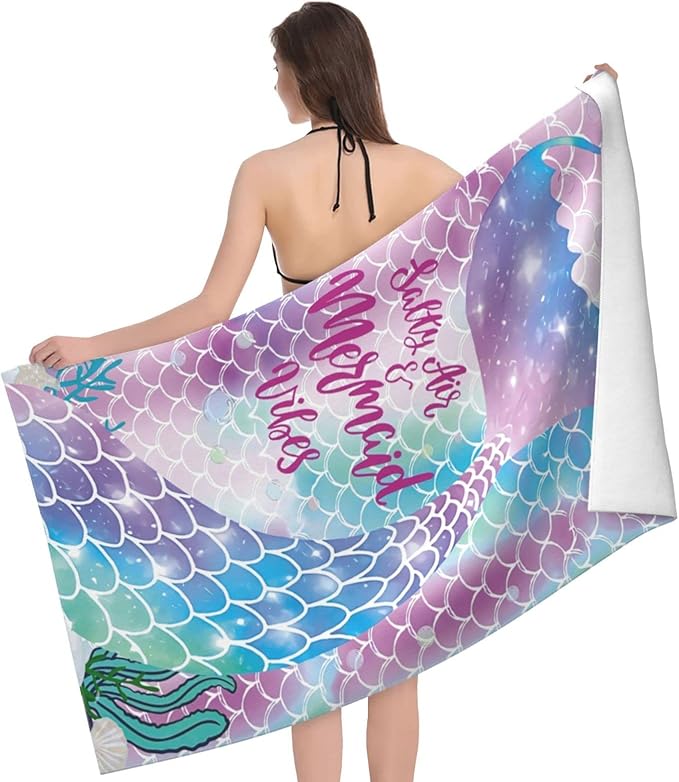 COMFAR Mermaid Microfiber Beach Towels for Girls/Kids Personalized Beach Towels for Toddler/Baby, Cute Beach Towel, Thin Quick Dry Pool Towel 30"x 60"