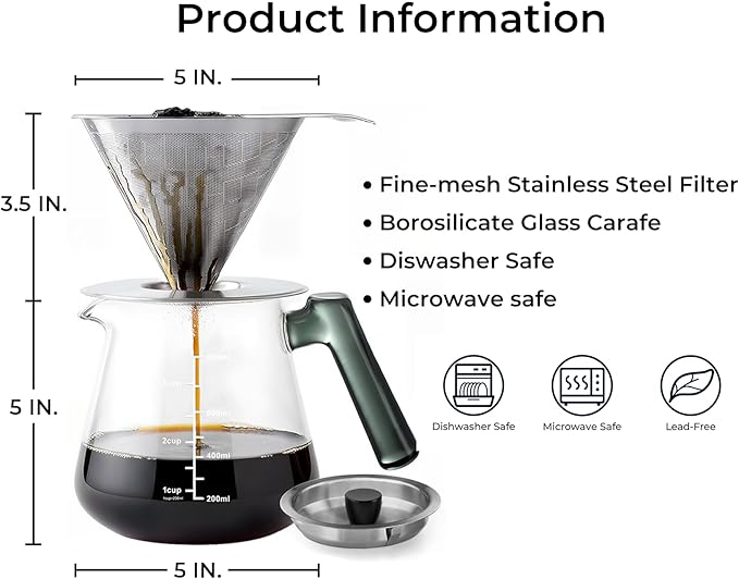 Aquach Pour Over Coffee Maker with Stainless Steel Filter & Borosilicate Glass Carafe - 28oz Drip Coffee Pot for Rich Flavor, Easy Cleanup & Dishwasher Safe Components, Ideal for Daily Use