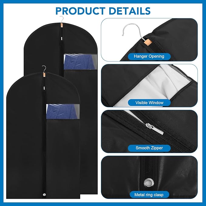 Dntorx 2 Pack Garment Bags with Clear Window, 45"/60" Clothes Covers with Zipper, Transparent Hanging Suit & Coat Covers for Closet Storage, Jackets, Dresses, Windbreakers