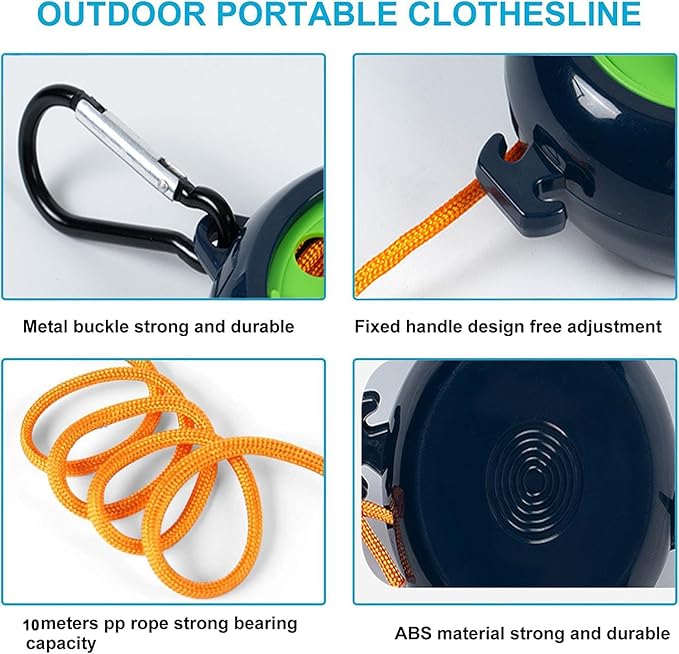 Retractable Camping Clothesline, Adjustable Travel Laundry Rope, Heavy Duty Washing Line with 20 Clothespins & 10 Stoppers for Indoor/Outdoor, Camping, Travel, Courtyard, 33ft (Blue)