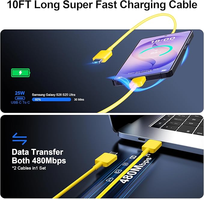 Super Fast Charger Type C, 25W USB C Wall Charger Fast Charging for Samsung Galaxy S26 Ultra/S26/S26+/S25 Ultra/S25/24 Ultra/S24/S23 Ultra/S22 Ultra with 10FT Long Android Type C Charger Cable 2Pack