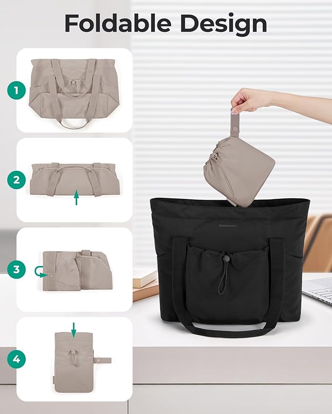 BAGSMART Foldable Tote Bag with Drawstring Bag, Tote Bag Shoulder Bag Top Handle Handbag for Travel, Work, Beach, Gym