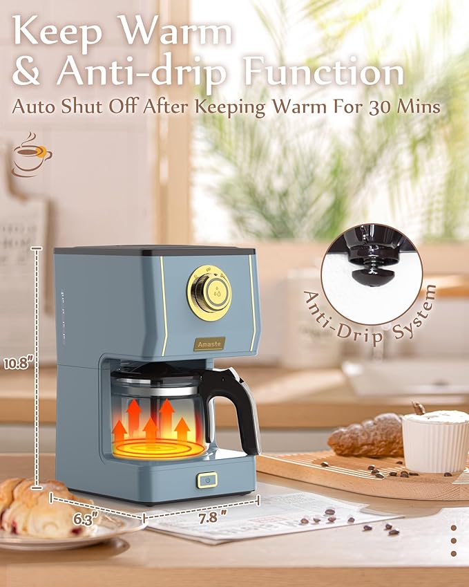 Amaste Coffee Maker, 5 Cup Coffee Pot with Three Brewing Modes, Retro Coffee Maker with Glass Carafe & Reusable Coffee Filter, Drip Coffee Maker Ideal for Home or Office, Warming Plate, Ash Blue