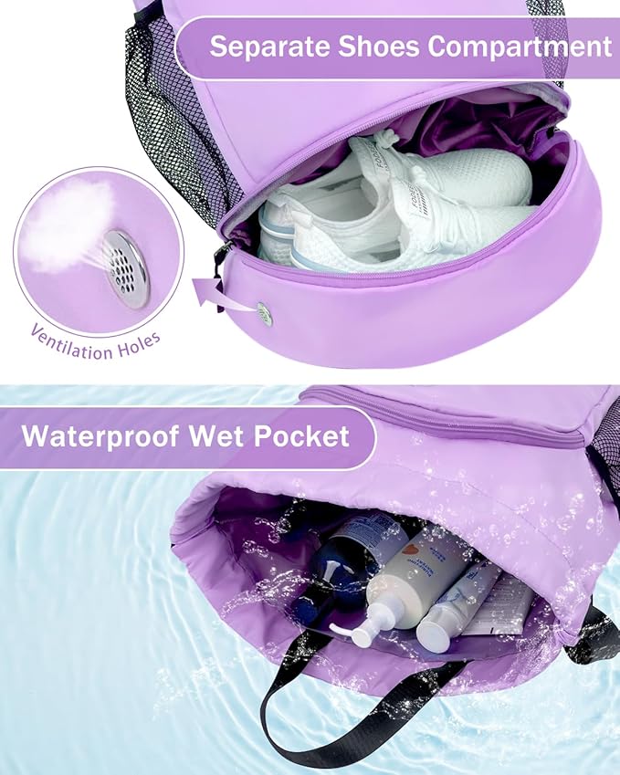 RHDZO Drawstring Backpack Gym Backpack with Shoe Compartment for Men Women String Sports Bag with Wet Pocket Cinch Swim Beach Bag, Large Purple
