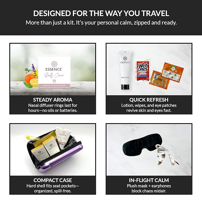 Essence Travel Amenity Kit | Travel Essentials & Travel Size Toiletries Kit | 5-Pack Nasal Diffuser Rings, Sleep Mask, Lotion & Hygiene Kit | Travel Toiletry Kit for Women | Gold Case
