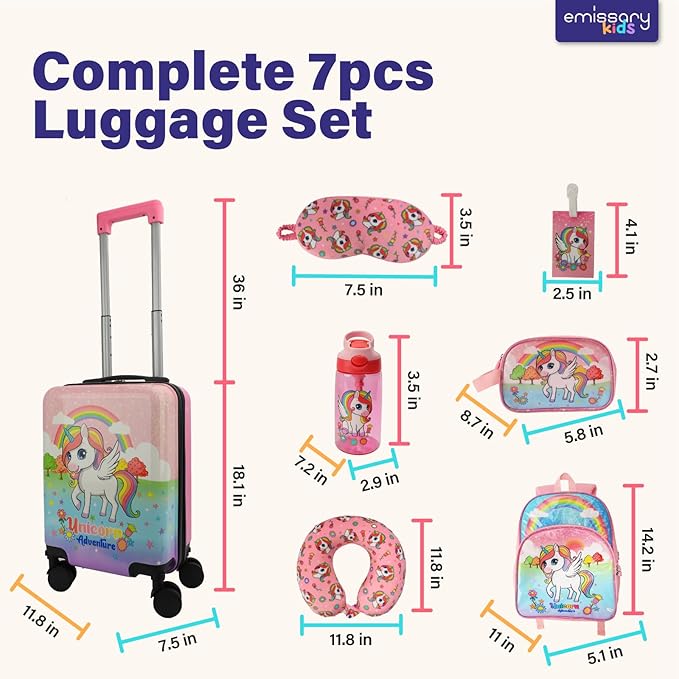 emissary 7pcs Unicorn Girl’s Luggage Set with wheels – Rolling Luggage, Backpack, Eye Mask, Toiletry Bag, Suitcase Tag, Neck Pillow & Water Bottle – Carry Luggage for Kids & Girls with Wheels