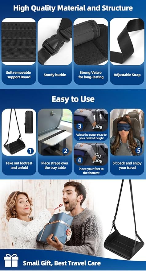 Airplane Travel Footrest Hammock with Hard Board Support and Adjustment Strap Desk Foot Hammock Comfy Footrest for Airplane Long Trip Travel Accessories