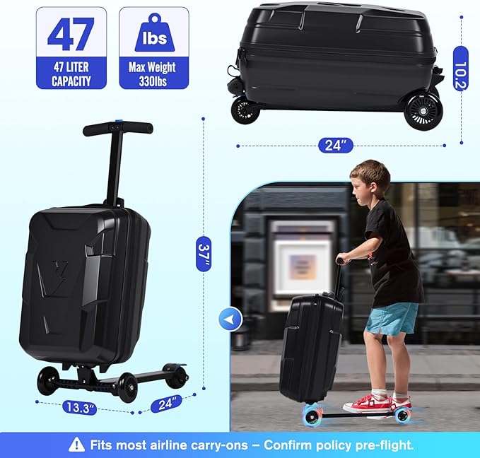 smilesun Scooter Suitcase for Kids & Adults, Foldable Carry On Travel Luggage, Hardside Ride on Scooter Suitcase with Spinner Wheels, Black
