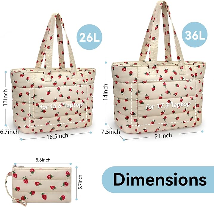 Puffer Tote Bag with Pouch,Women's Lightweight Quilted Shoulder Bag,15.6"/17.3" Laptop Travel Weekender for Work & Nurses