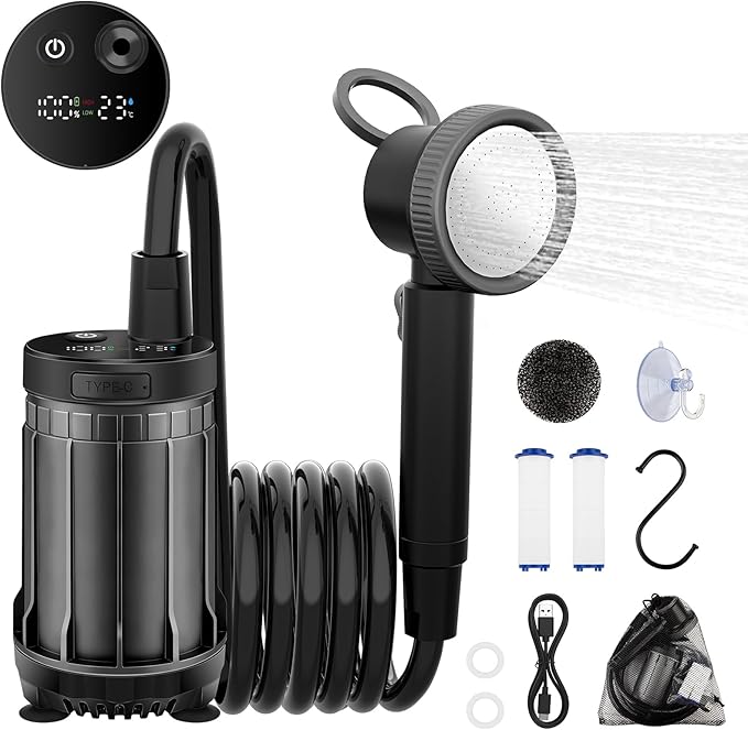 Fotgear Portable Camping Shower - 8000mAh Rechargeable Outdoor Shower Pump with Filtered Showerhead, Intelligent LED Display, IPX8 Waterproof Camping Shower Kit for Hiking, RV, Car Washing, Pet Bath