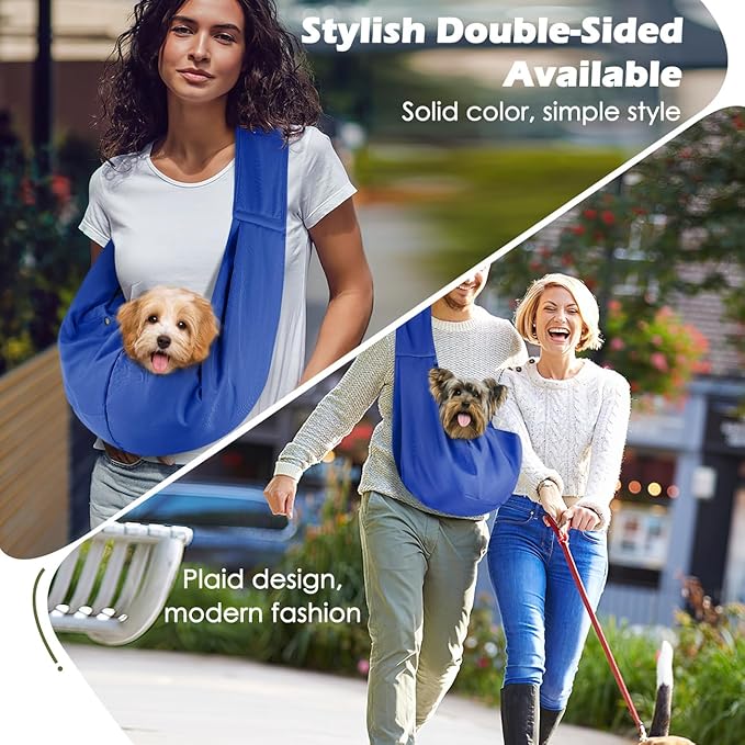 Pawaboo Small Dog Sling Carrier, Reversible Hands Free Dog Sling Carriers for Small Dogs and Cats, Puppy Slings Carrier with Safety Harness, Puppy Essentials, Sapphire Blue
