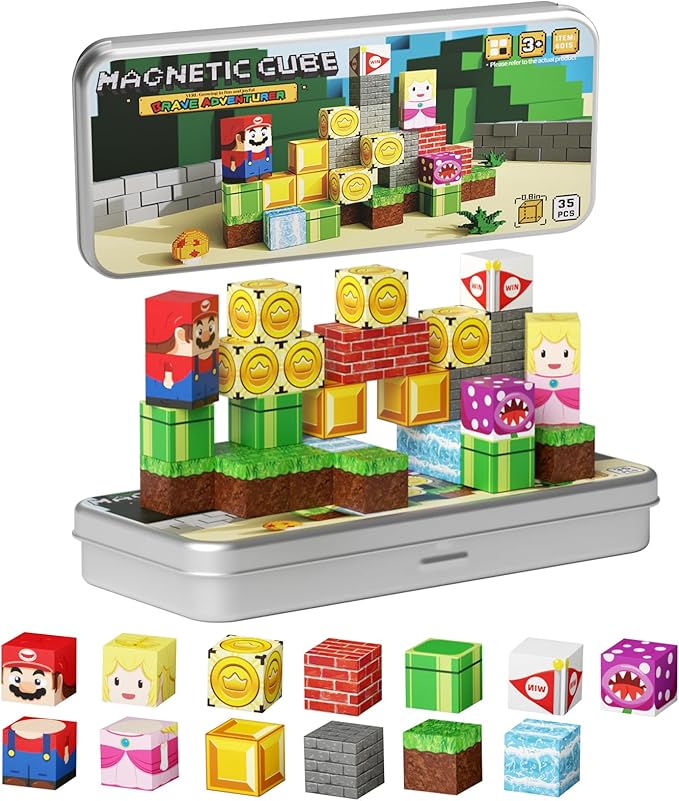 Mini Magnetic Blocks STEM Toys for Kids Ages 3-8, 35PCS Travel Building Set with Magnetic Storage Tin Box, Educational Construction Toys for Toddlers, Preschool Birthday Gift for Boys & Girls
