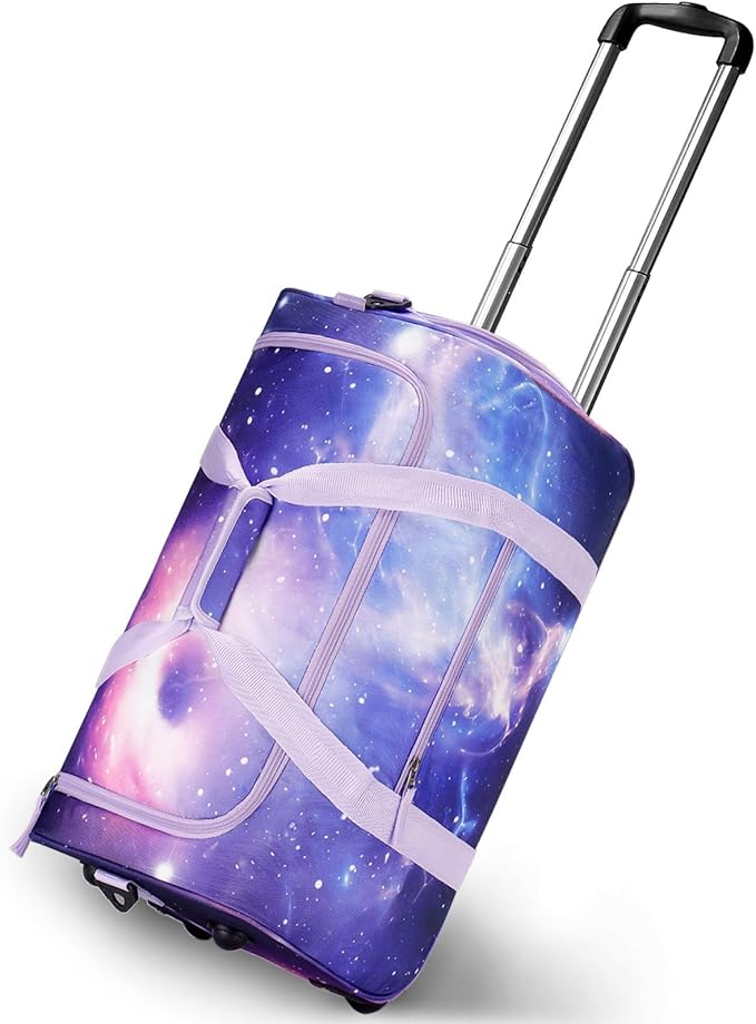Choco Mocha Girls Suitcase with Wheels, Kids Rolling Duffle Bag Luggage for Travel 22inch, Galaxy Purple