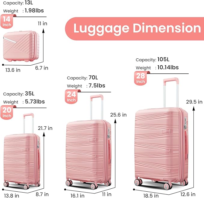 Hard Shell Luggage Sets 4 Piece with 360 Spinner Wheels,Lightweight Suitcase Set with TSA Lock,Travel Luggage Set with Telescoping Handle,Light and Strong,Easy to Clean (Pink 3)