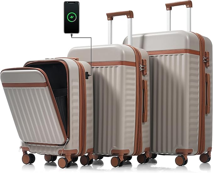 3 Piece Luggage Set ABS Hardshell Lightweight Suitcase Sets with Spinner Wheels and TSA Lock, 20 inch with Front Opening Design and USB Port, 20" Airline Certified Carry-on Luggage, 20"24"28", Khaki