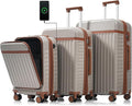 3 Piece Luggage Set ABS Hardshell Lightweight Suitcase Sets with Spinner Wheels and TSA Lock, 20 inch with Front Opening Design and USB Port, 20" Airline Certified Carry-on Luggage, 20"24"28", Khaki