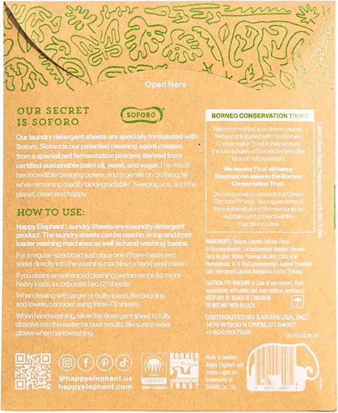 Happy Elephant Laundry Detergent Sheets, Fragrance Free, Natural Biodegradable Laundry Sheets, Plant Based, Tough on Stains, Gentle on Skin, Compatible with HE & Any Washing Machine, 6 Sheet, 3 Pack