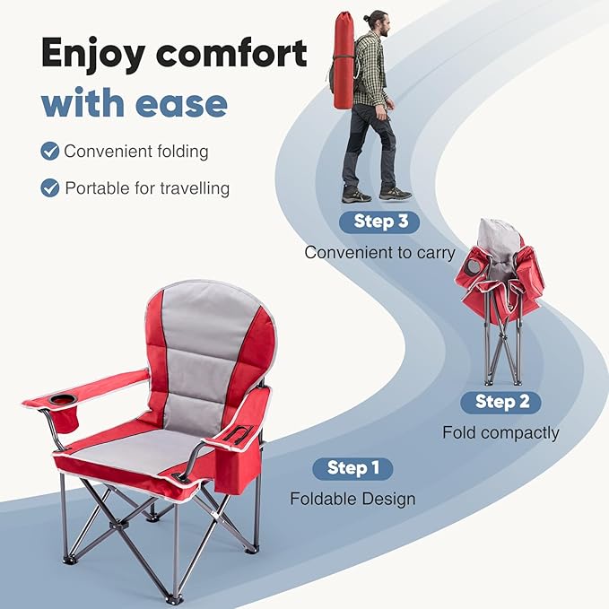 NEWBULIG Oversized Folding Camping Chair for Adults, Portable Outdoor Collapsible Chairs, 500 LBS Heavy Duty Support, with Cup Holders, for Lawn, Fishing, Hiking, Red