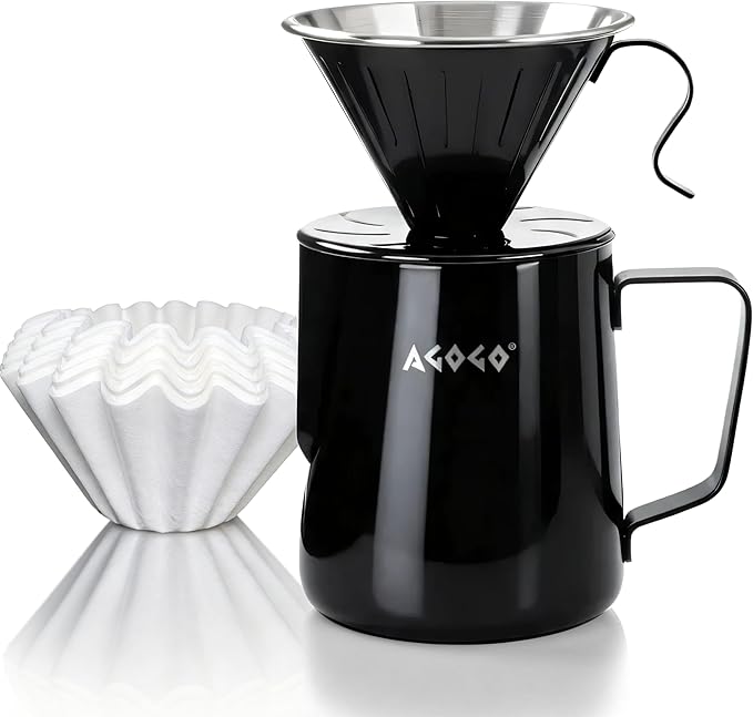AGOGO Pour Over Coffee Maker Set - Unbreakable 304 Stainless Steel V60 Dripper & Server for Camping & Home, Includes 50 Paper Filters & Barista Towel - Black - 20oz