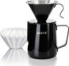 AGOGO Pour Over Coffee Maker Set - Unbreakable 304 Stainless Steel V60 Dripper & Server for Camping & Home, Includes 50 Paper Filters & Barista Towel - Black - 20oz