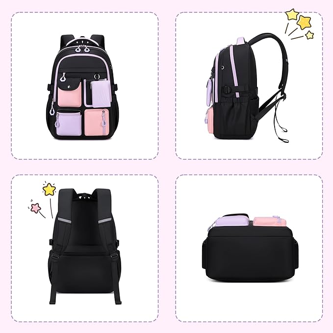 Kids Backpack, Backpack for Girls for Elementary School Multiple Pockets Ages 6-10(Black)