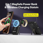 Magnetic Portable Charger Built-in Cables,10000mAh Fast Charging Wireless Charger Station External Battery Pack Slim Pocket Size Power Bank with Stand Compatible with iWatch, iPhone