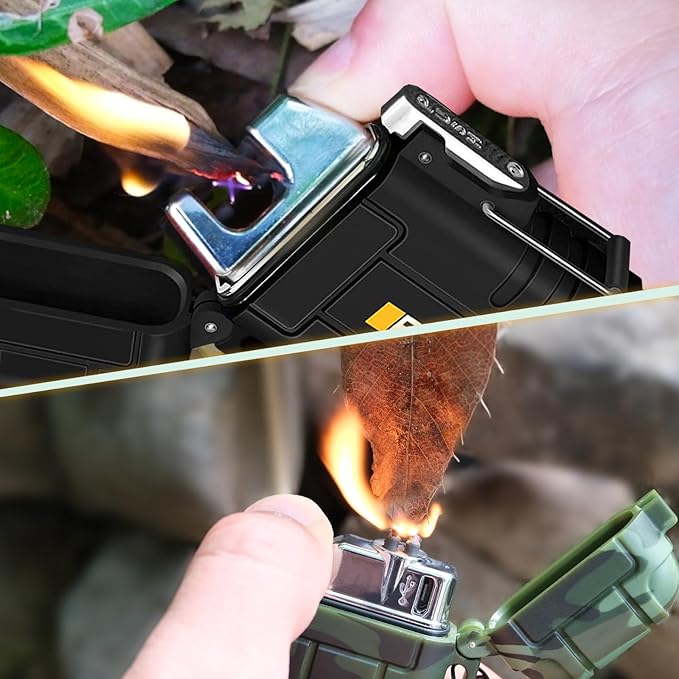 2 Pack Waterproof Lighter Outdoor Electric Lighters Dual Arc Windproof Lighters USB Rechargeable Flameless Plasma Lighter Camping Hiking Adventure Survival Tactical Gear
