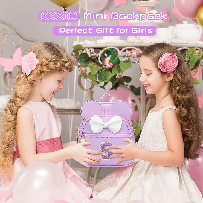 KKXIU Girls Initial Bowknot Cute Mini Backpack for Toddler, Travel Small Girl Backpacks, Personalized Birthday Gifts for Little Girls and Kids(S, Purple)
