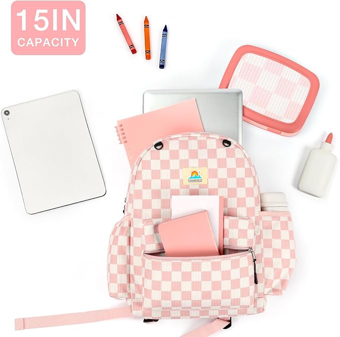 STEAMEDBUN Corduroy Kids Backpack for Girls and Boys 5-8: Girls Backpack for Elementary Kindergarten - 15 inch Cute Backpacks for Kids - Checkerboard