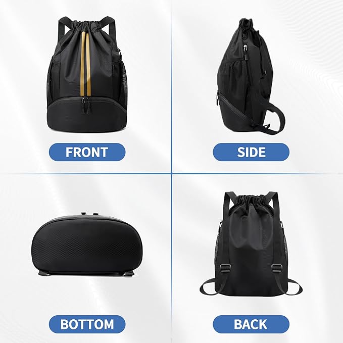 JELUTAR Drawstring Backpack Gym Bag with Shoes Compartment for Soccer, Basketball, Swim, Water-Resistant String Backpack Beach Cinch for Women Men, Black Gold